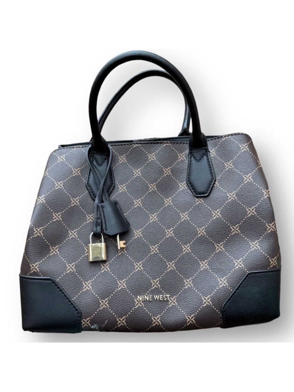 Nine West Brooklyn Jet Set Satchel Brown Black Logo Polyurethane Bag Purse Tote